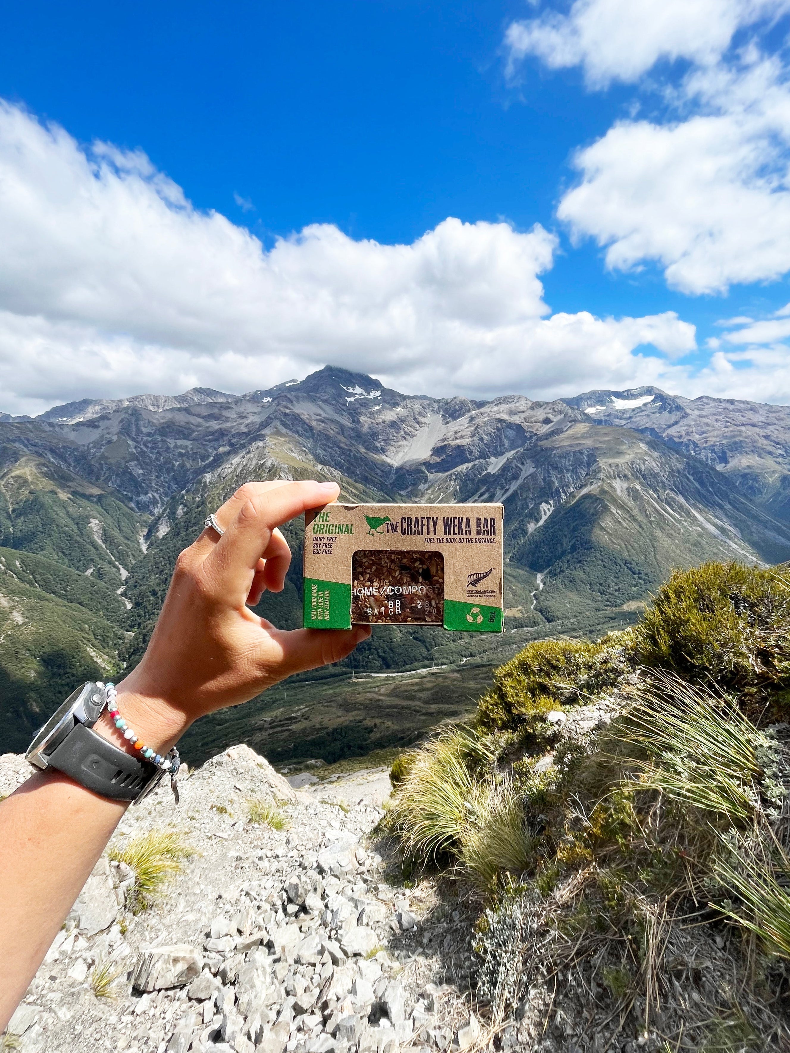 Hand holding a crafty weka bar against a mountainous landscape with blue sky.